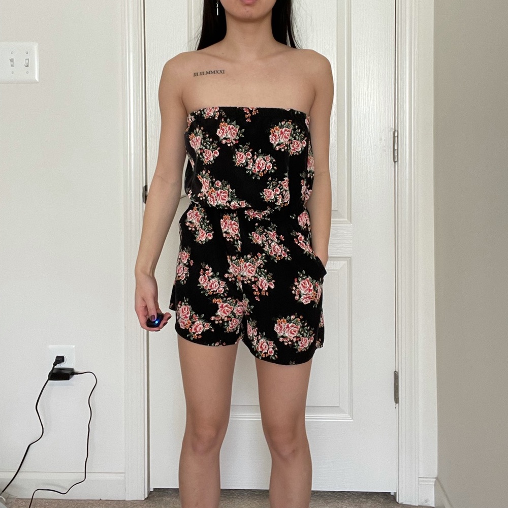 Black with red flower romper